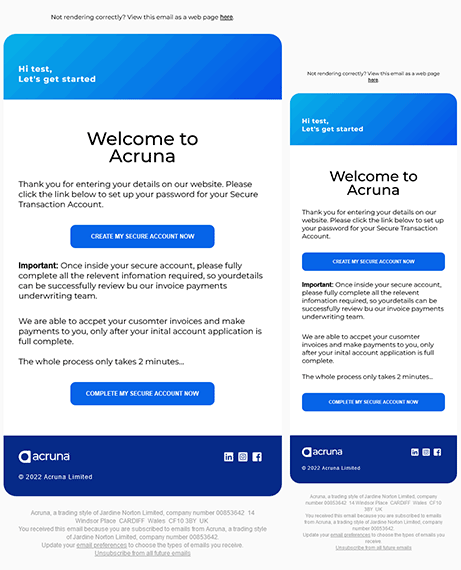 Acruns Welcome Email developed by an Email developer in the Uk