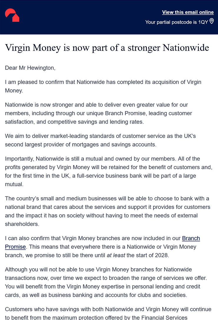 Nationwide email developed for transactional use to let customer know about Virgin Money being Virgin Money acquisition