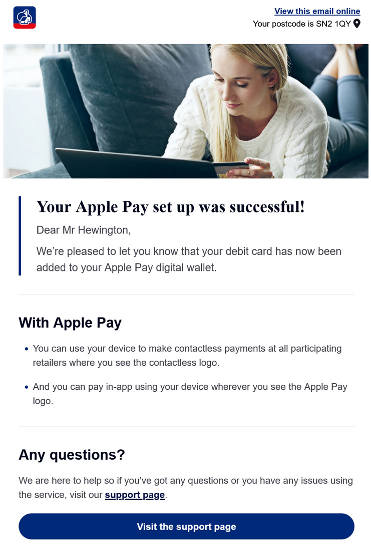 Nationwide real time transactional email to let you know you device has been set up on apple pay