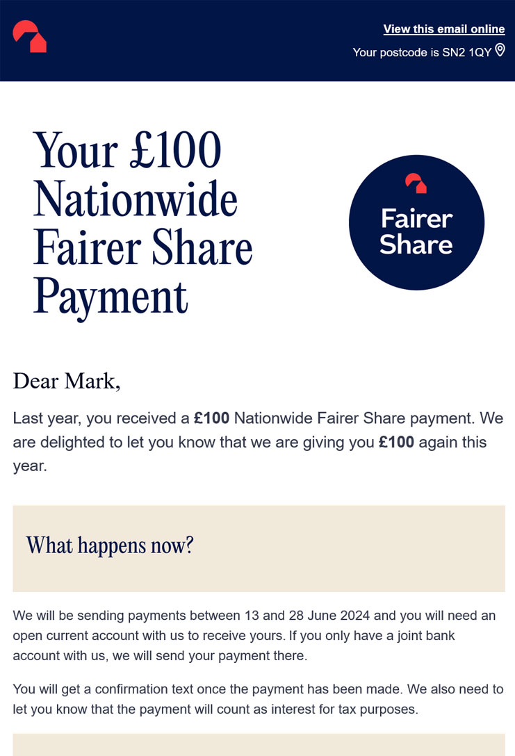 Nationwide £100 fair share payment this was a Hugh reward for these members